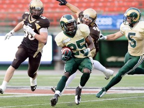 Tevaughn Campbell with the U of Regina Rams moves the ball during an exhibition game against the Manitoba Bisons at Mosaic Stadium in Regina on August 23, 2013.