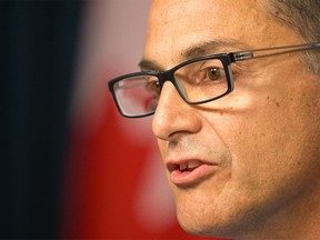 Joe Ceci, Alberta President of Treasury Board and Minister of Finance, during a press conference to provide details on the Alberta government's 2015-16 first quarter fiscal update and economic statement at the Alberta Legislature in Edmonton on August 31, 2015.