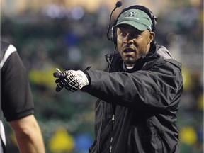 Saskatchewan Roughriders head coach Corey Chamblin challenges a call during second half CFL action against the B.C. Lions in Regina on Friday, July 17, 2015. B..C. won 27-24.