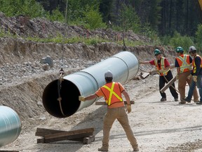 Workers construct a Trans Mountain Pipeline expansion through  Jasper National Park in 2007/08.