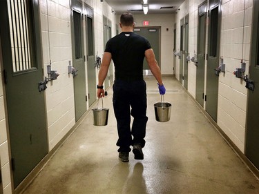 Constable Will Glover does chores in the kennels at the Calgary Police K9 Unit.