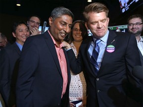 Prasad Panda, pictured next to Wildrose Leader Brian Jean, won the Calgary-Foothills byelection.