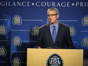 Staff Sgt. Colin Chisholm, CPS Homicide Unit, speaks to members of the media at Westwinds in Calgary about the suspicious death at Banff Trail Motel.