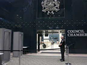 Metal detectors outside council chambers at City Hall in Calgary on Sept. 14, 2015.