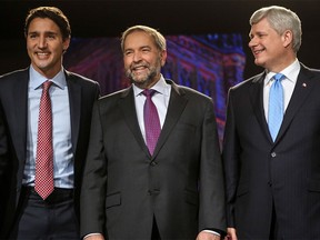 From left, Liberal Leader Justin Trudeau, New Democratic Leader Tom Mulcair and Prime Minister Stephen Harper meet and greet before the Globe and Mail Leaders Debate 2015 in Calgary on Sept. 17, 2015.