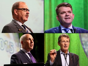 Clockwise from upper left: Progressive Conservative leader Ric McIver, Wildrose leader Brian Jean, Liberal leader David Swann and Alberta Party leader Greg Clark.
