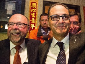 Bob Hawkesworth stands with Alberta's finance minister, Joe Ceci, at the NDP election HQ in Calgary on Thursday, Sept. 3, 2015. Hawkesworth lost the Calgary-Foothills by-election to Wild Rose Party candidate Prasad Panda.