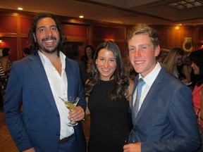 Pictured, from left,  at the Hermes-hosted cocktail reception held Sept 10 at the Ranchmen's Club are Kyle Koss, Hermes Canada's Amy de Merlis and rider Ben Asselin. This marks the first time Hermes has had a presence at Spruce Meadows and lucky Asselin is their first Canadian partner rider.