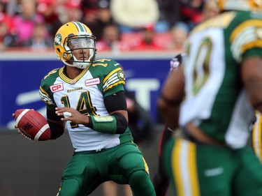 Eskimos quarterback James Franklin looks for a pass as the Calgary Stampeders played host to the Edmonton Eskimos for the Labour Day Classic on September 7, 2015 at McMahon Stadium.
