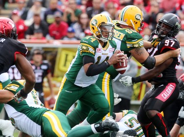 Eskimos quarterback James Franklin, looks for a route as the Calgary Stampeders played host to the Edmonton Eskimos for the Labour Day Classic on September 7, 2015 at McMahon Stadium.