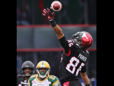 Calgary Stampeders wide receiver Anthony Parker stretches for a pass that just misses his fingers during first half Labour Day Classic action at McMahon Stadium on Monday September 7, 2015.