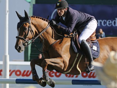 Gregory Wathelet from Belgium riding Algorythem won the CANA Cup at the Spruce Meadows Masters on Thursday September 10, 2015.