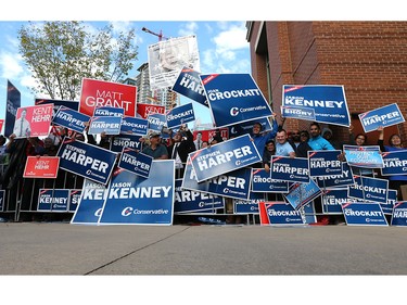 Party supporters gather outside at the BMO Centre in Calgary just prior to the Globe and Mail leaders debate Thursday night.