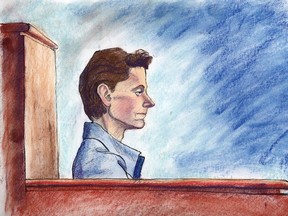 An artist's rendering of Deborah Louise Point in the defendant's box in a Calgary Court room as her trial on charges of second-degree-murder in the death of Audrey Trudeau gets under way.   Originally published October 14, 2000.