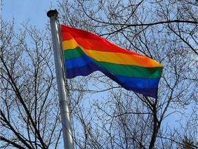 The Pride flag outside Calgary's city hall on February 7, 2014.