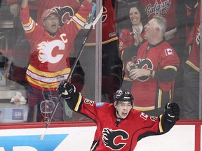 Calgary Flames forward Johnny Gaudreau celebrates his goal on Vancouver Canucks during Game 6 of the NHL Playoffs last spring. Gaudreau's rookie season was so spectacular, but can he replicate it in 2015-16?