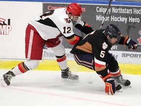 Calgary Hitmen hopefuls Oliver Trachsel, left, and Landon Markovich battle for the puck during the WHL team's annual Intra-Squad game at Max Bell Centre.