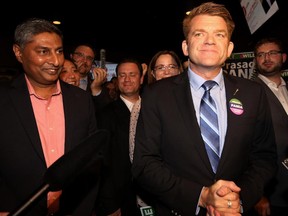 Wildrose's Prasad Panda, left, wins the Calgary-Foothills byelection.  He's with Wildrose Leader Brian Jean in Calgary on Sept. 3, 2015.