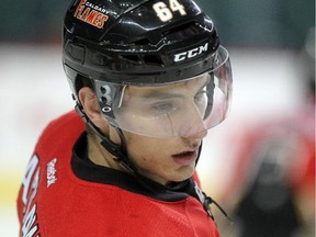 Calgary Flames forward Garnet Hathaway warms up pre-game before taking on the Colorado Avalanche during pre-season action at the Scotiabank Saddledome.