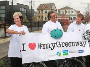 Parks Foundation Calgary CEO Myrna Dube, Mayor Naheed Nenshi and Mattamy Homes Canada president Brad Carr were among the dignitaries on hand for the launch of the final phase of the Rotary/Mattamy Greenway in the new Cityscape neighbourhood. The pathway and park system will circle the city by 2017.