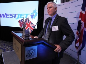 WestJet President and CEO Gregg Saretsky announcing the direct flights between Calgary and London Gatwick in September 2015.