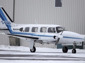 FILE -- A Keystone Air Service eight-seat Piper PA-31 Navajo sits at St.Andrews Airport, just north of Winnipeg, Tuesday, January 10, 2012. Eight people have been injured after the plane they were in crashed near Thompson, Man., on Tuesday.