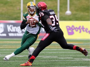 Charleston Hughes has Edmonton quarterback James Franklin in his sights during Mondays Labour Day Classic. He was rewarded for his efforts by the CFL on Wednesday.