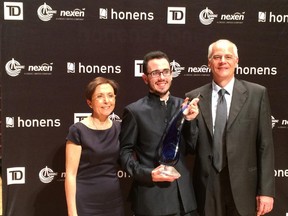 Italian pianist Luca Buratto, seen here with his parents, won the 2015 Honens International Piano Competition Friday night at Jack Singer Hall in Calgary, Alberta. Photo Stephen Hunt/Calgary Herald