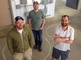 Dave Vander Plaat, Matt Willerton and Kirk Zembal of Blindman Brewing. The chalk outlines on the brewery floor have been replaced by equipment and Blindman is making beer for customers in central Alberta.