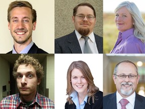 Lethbridge candidates (clockwise from top left): Kas MacMillan, Geoffrey Capp, Cheryl Meheden, Mike Pyne, Rachael Harder and Solly Krygier-Paine.