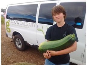 Mac Hughes, 13, holds a massive zucchini. It was grown this summer at an urban farm in Calgary that provides fresh food to the Calgary Food Bank. The vegetable mysteriously went missing on Friday Sept. 25, 2015.