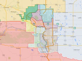 A map of the federal ridings in the Calgary region.