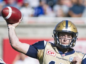 Winnipeg Blue Bombers quarterback Matt Nichols throws a pass during a game in Montreal last Sunday. He gets the Calgary Stampeders on Friday night.