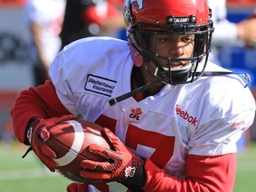 New Calgary Stampeders wide receiver and kick returner Skye Dawson practises with the team on Tuesday.