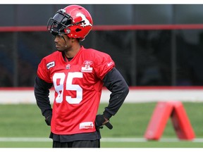 Rec. Ken-Yon Rambo on the sidelines at the Calgary Stampeders training camp is underway at McMahon Stadium on Monday, June 4, 2012.