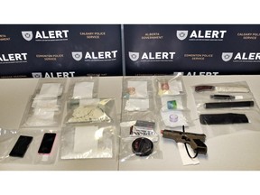 Members of the Alberta Law Enforcement Response Teams (ALERT) seized drugs with an estimated street value of $15,000, and weapons in a traffic stop in Claresholm on Sept. 17, 2015.