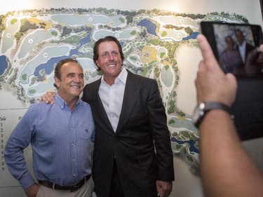 World Golf Hall of Fame member Phil Mickelson, talks about the site of his first Canadian golf course design project, the Mickelson National Golf Club, with Rick Smith, golf course designer, at a press conference in Calgary, on September 10, 2015. The course is the centre-piece of the spectacular planned community of Harmony, located in beautiful Rocky View County.