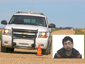 Inset: Mohammed Saqib. RCMP on the road  northeast of Airdrie where his body was found.