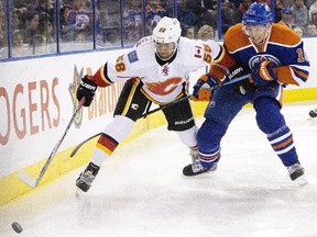 Calgary Flames callup Oliver Kylington, pictured in pre-season action in September, will debut Saturday against the Minnesota Wild.