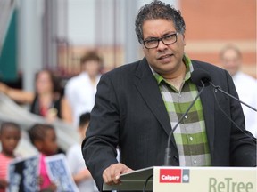 Calgary Mayor Naheed Nenshi joined other dignitaries during a ceremony to celebrate the replanted trees at St. Jerome School on Sept. 10, 2015.