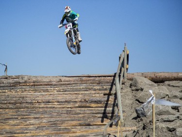 Trystan Hart, of the amateur category, competes in Canada's only Urban Endurocross Challenge, the Red Bull Rocks & Logs at Wild Rose MX park in Calgary, on September 12, 2015.