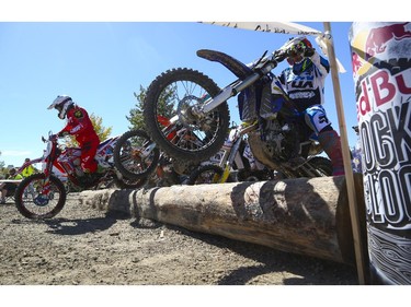Riders of all skills and ages at the start line of Canada's only Urban Endurocross Challenge, the Red Bull Rocks & Logs at Wild Rose MX park in Calgary, on September 12, 2015.