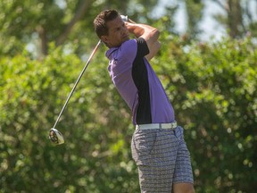 Jamie Welder tees off during the finals of Riley's Best Ball tournament at Canyon Meadows Golf and Country Club in Calgary on Sunday, June 28, 2015.