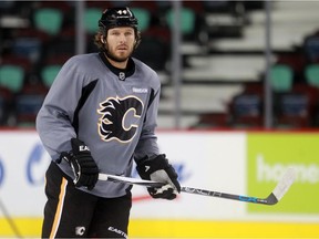 Ryan Wilson takes part as the Calgary Flames practice on Monday, September 28, 2015 at the Saddledome.