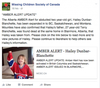 Missing Children Society of Canada forwarded an Amber Alert for two-year-old Hailey Dunbar-Blanchette on its Facebook account.