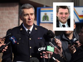 RCMP Supt. Tony Hamori read a statement during a press conference outside the Blairmore RCMP detachment to announce the laying of two counts of first-degree murder and one count of indignity to a human body charges against Derek Saretzky (pictured in Facebook image) on Sept. 16, 2015.