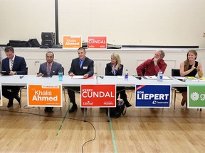 All-candidates forum for the Signal Hill riding at Rosscarrock Community Hall. From left: Tim Moen, Khalis Ahmed, Jesse Rau, Kerry Cundal, Ron Liepert and Taryn Knorren.