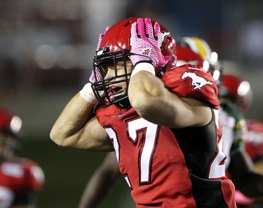 Calgary Stampeders Jeff Hecht reacted to the Edmonton Eskimos intercepting a play during their game at McMahon Stadium in Calgary on October 10, 2015 .