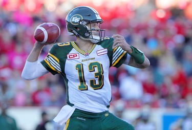 Edmonton Eskimos quarterback Mike Reilly during their game against the Calgary Stampeders at McMahon Stadium in Calgary on October 10, 2015 .