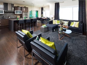 The great room in the Harmony show home by Landmark Homes in Sunset Ridge, Cochrane.
